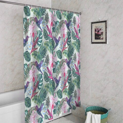 картинка 3D штора в ванную комнату «Колибри с цветами» | интернет-магазин фотообоев ARTDECO