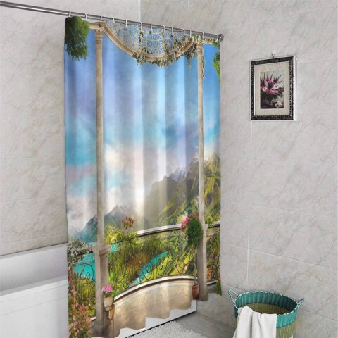 картинка 3D шторка для ванной «Рассвет в горной долине» | интернет-магазин фотообоев ARTDECO