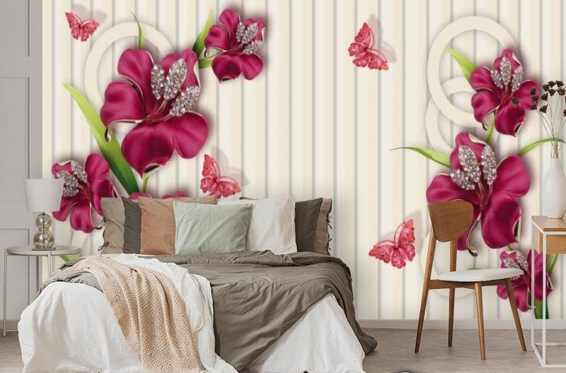 картинка 3D Фотообои «Драгоценные розовые лилии на бежевом фоне» | интернет-магазин фотообоев ARTDECO