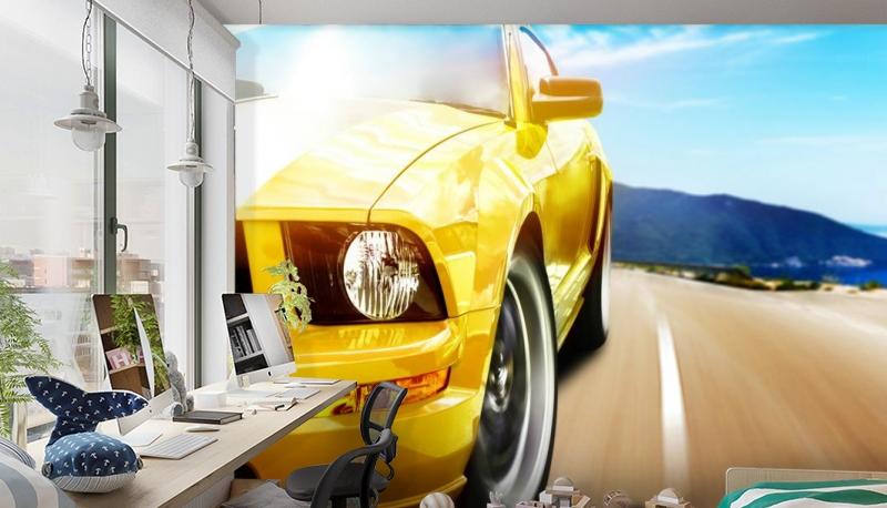 картинка 3D Фотообои «Быстрая желтая машина» | интернет-магазин фотообоев ARTDECO