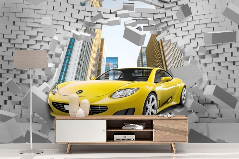 картинка 3D Фотообои «Желтый автомобиль через стену» | интернет-магазин фотообоев ARTDECO