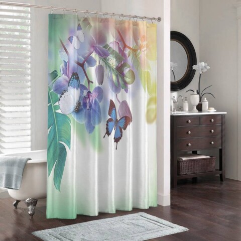картинка 3D штора для ванной «Бабочки под орхидеей» | интернет-магазин фотообоев ARTDECO