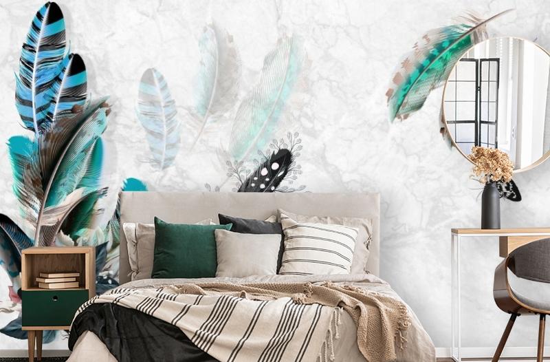 картинка 3D Фотообои «Мраморная фантазия с перьями и бабочками» | интернет-магазин фотообоев ARTDECO