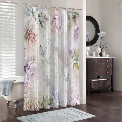 картинка 3D штора в ванную комнату «Бабочки в нежных цветах» | интернет-магазин фотообоев ARTDECO