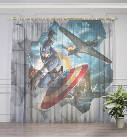 картинка 3D Тюль на окна "Капитан Америка" | интернет-магазин фотообоев ARTDECO