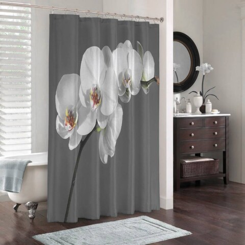 картинка 3D штора в ванную «Белая орхидея на сером фоне» | интернет-магазин фотообоев ARTDECO
