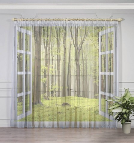 картинка 3D Тюль на окна "Окно с видом на зеленый лес" | интернет-магазин фотообоев ARTDECO