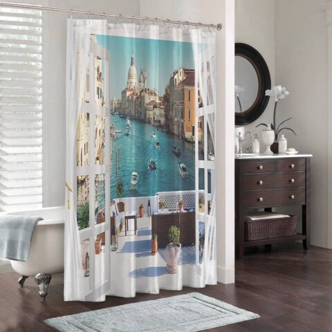 картинка 3D фотоштора для ванной «Окно-балкон в Венеции» | интернет-магазин фотообоев ARTDECO