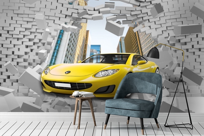 картинка 3D Фотообои «Желтый автомобиль через стену» | интернет-магазин фотообоев ARTDECO