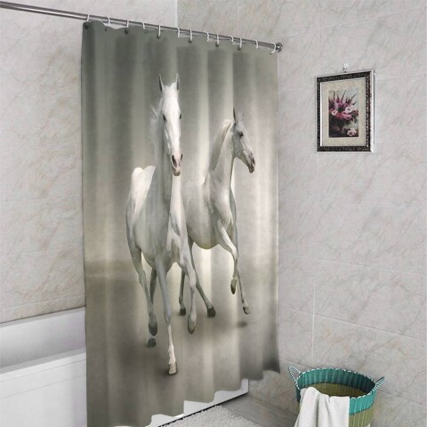 картинка 3D занавеска в ванную комнату «Белые лошади на сером фоне» | интернет-магазин фотообоев ARTDECO