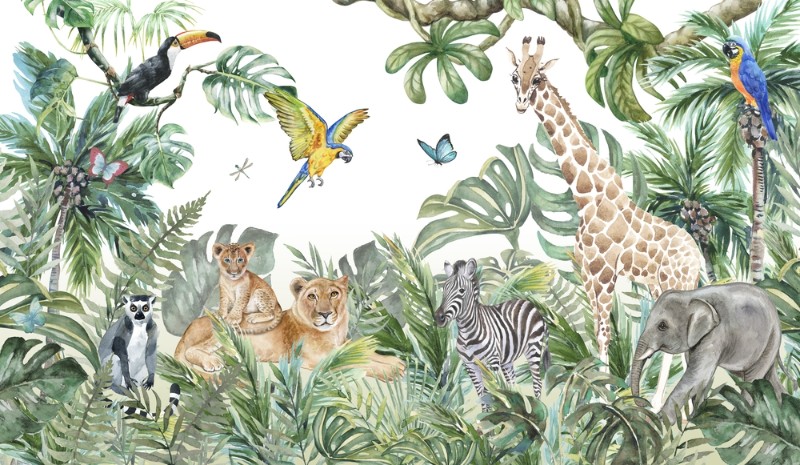 картинка Фотообои «Акварельные животные в тропической листве» | интернет-магазин фотообоев ARTDECO