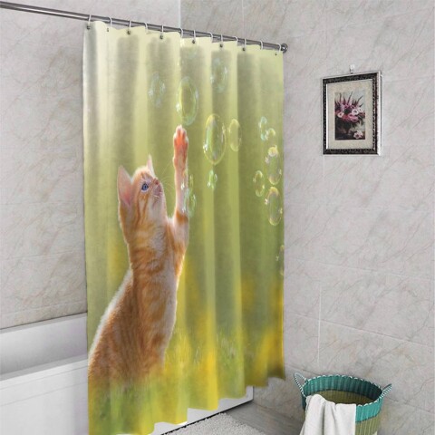 картинка 3D штора в ванную «Рыжий кот с мыльными пузырями» | интернет-магазин фотообоев ARTDECO