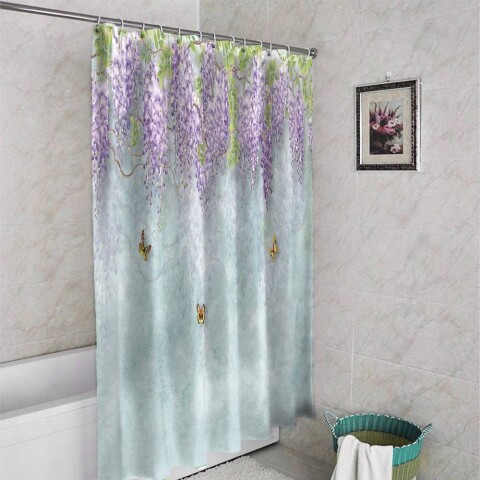 картинка Занавеска для ванной «Сирень с бабочками» | интернет-магазин фотообоев ARTDECO