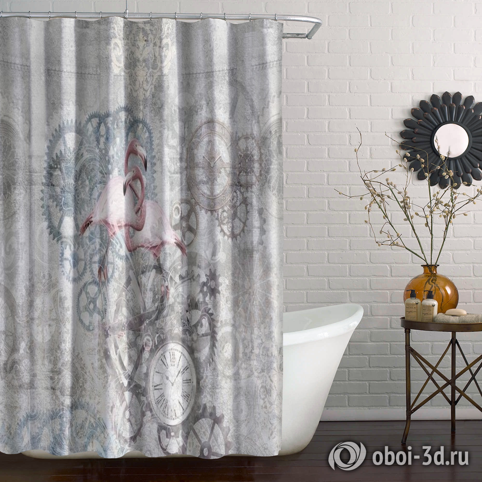 картинка Шторы для ванной «Фламинго с часами» | интернет-магазин фотообоев ARTDECO