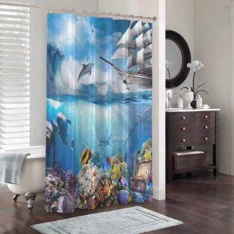 картинка 3D занавеска для ванны «Сокровища под кораблем» | интернет-магазин фотообоев ARTDECO
