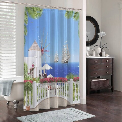 картинка 3D штора в ванную «Балкон с видом на корабли» | интернет-магазин фотообоев ARTDECO