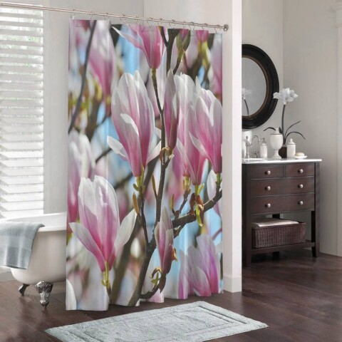 картинка 3D штора в ванную комнату «Ветви магнолии» | интернет-магазин фотообоев ARTDECO