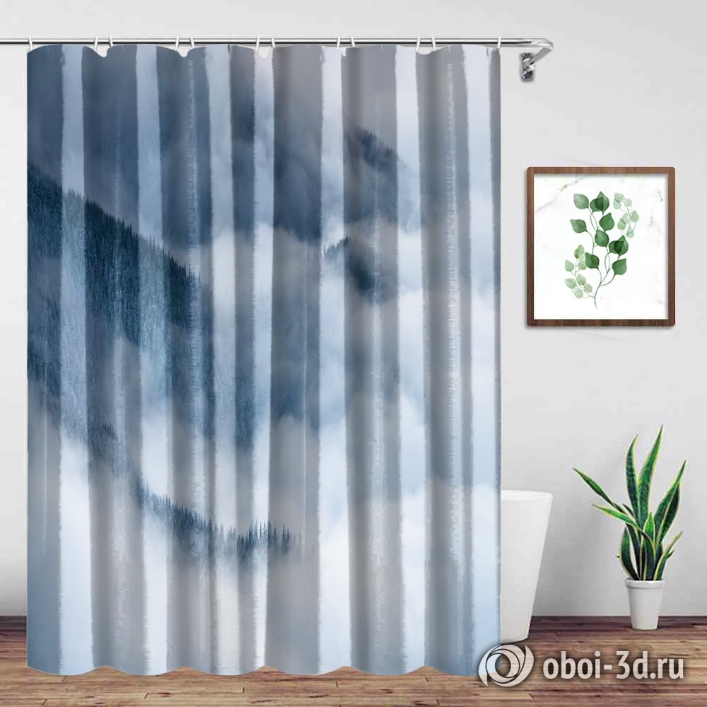 картинка Шторы для ванной «Еловые склоны в голубом тумане» | интернет-магазин фотообоев ARTDECO
