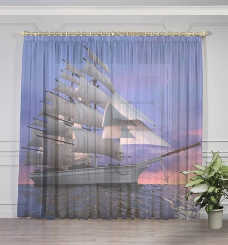 картинка 3D Тюль на окна "Парусный корабль на закате" | интернет-магазин фотообоев ARTDECO