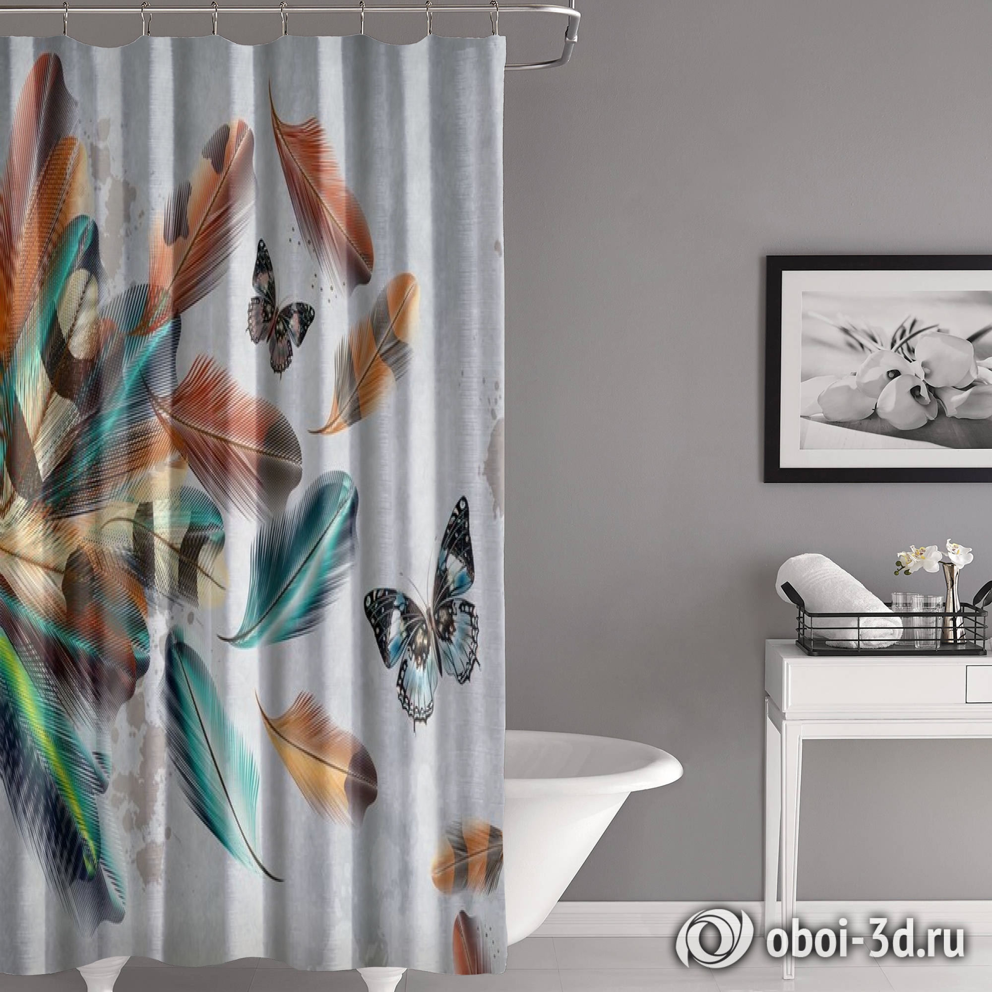 картинка Шторы для ванной «Бабочки в ярких перьях» | интернет-магазин фотообоев ARTDECO