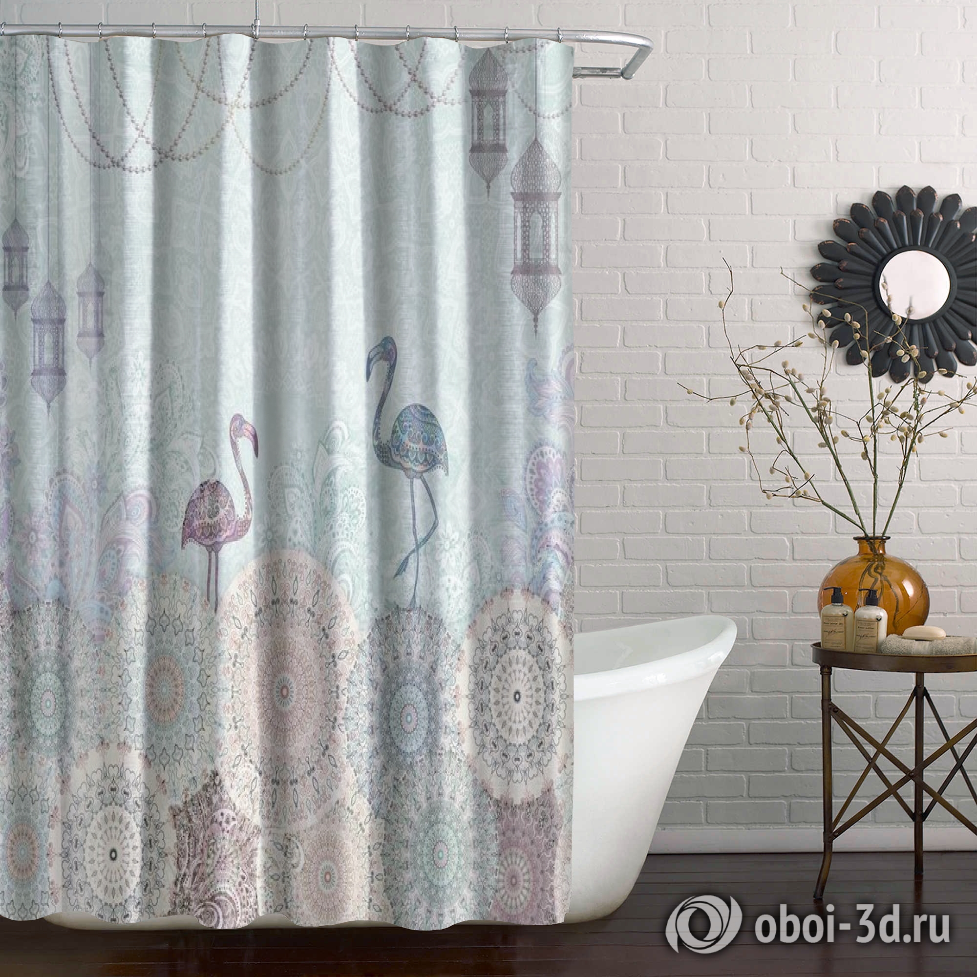 картинка Шторы для ванной «Фламинго с восточными мотивами в голубых тонах» | интернет-магазин фотообоев ARTDECO