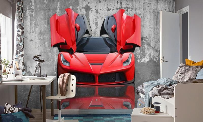 картинка 3D Фотообои «Красное авто на бетонном фоне» | интернет-магазин фотообоев ARTDECO