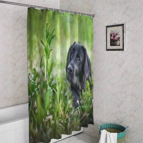 картинка 3D шторка для ванной «Собачка в траве» | интернет-магазин фотообоев ARTDECO