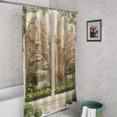 картинка 3D занавеска в ванную комнату «Колонны с видом на канал» | интернет-магазин фотообоев ARTDECO
