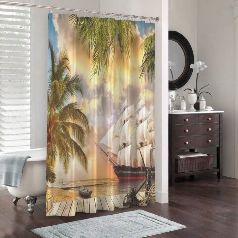картинка 3D штора в ванную «Парусник у причала» | интернет-магазин фотообоев ARTDECO