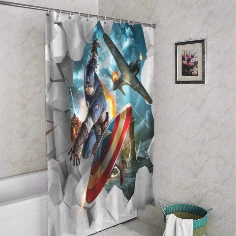 картинка 3D фото занавеска для ванной «Капитан Америка» | интернет-магазин фотообоев ARTDECO