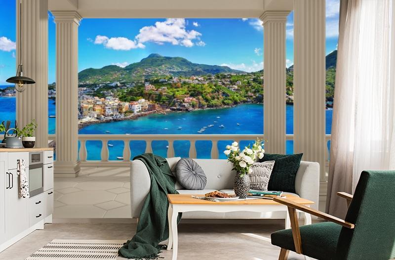 картинка 3D Фотообои  «Балкон с колоннами средиземноморский пейзаж» | интернет-магазин фотообоев ARTDECO