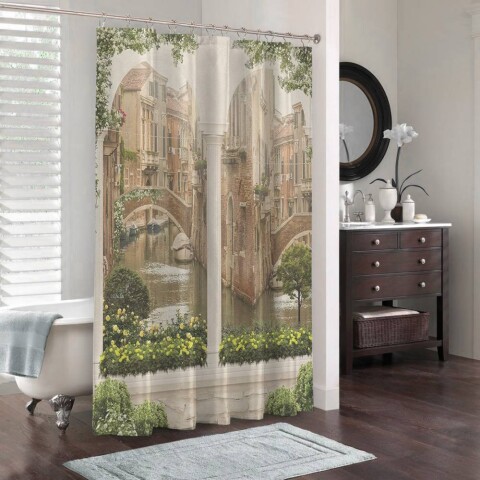 картинка 3D занавеска в ванную комнату «Колонны с видом на канал» | интернет-магазин фотообоев ARTDECO