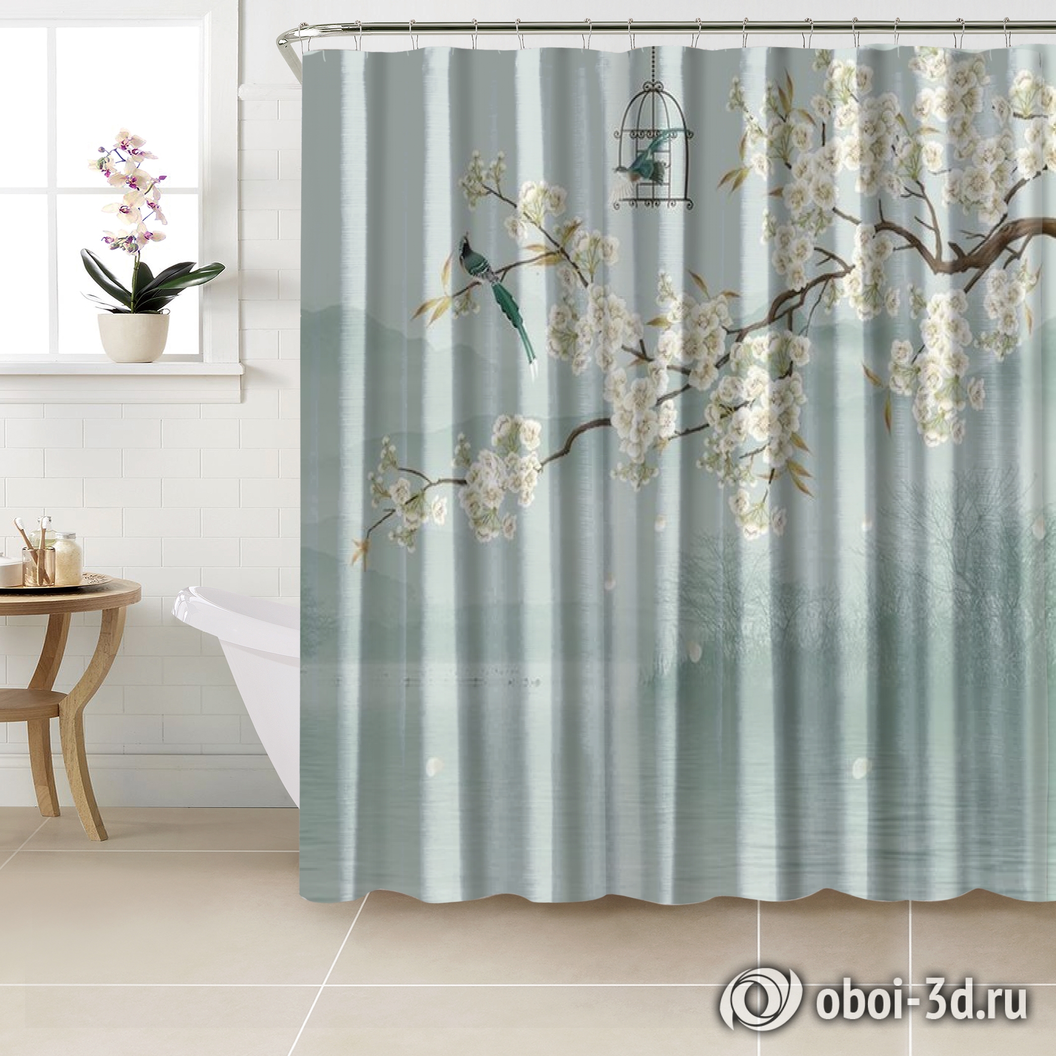 картинка Шторы для ванной «Лодка под цветущими ветвями» | интернет-магазин фотообоев ARTDECO