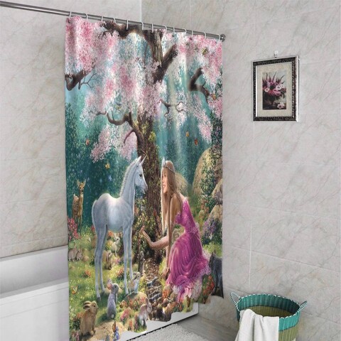 картинка 3D штора для ванной «Принцесса в цветущем саду» | интернет-магазин фотообоев ARTDECO