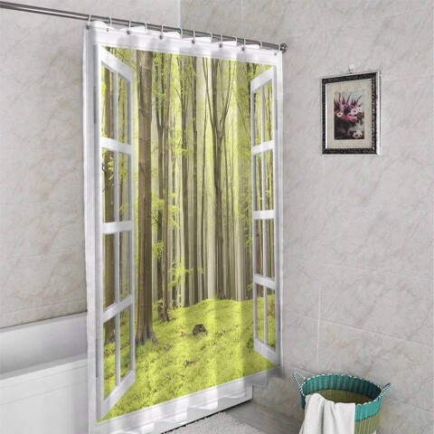 картинка Штора для ванной «Окно с видом на зеленый лес» | интернет-магазин фотообоев ARTDECO