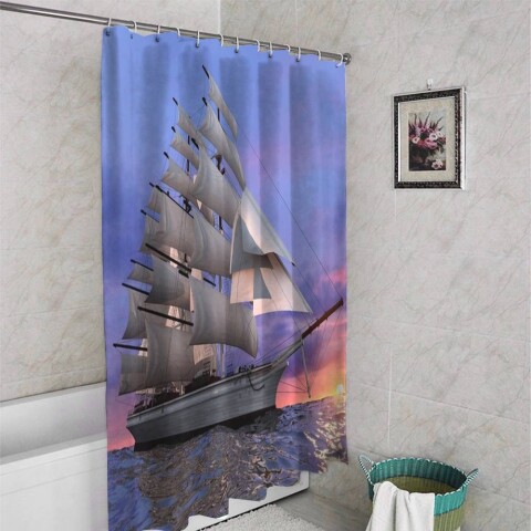 картинка 3D занавеска в ванную комнату «Парусный корабль на закате» | интернет-магазин фотообоев ARTDECO