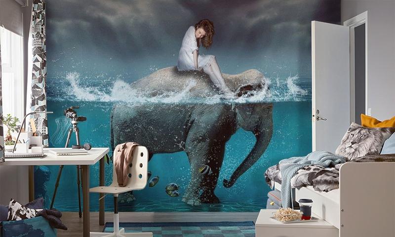 картинка 3D Фотообои «Девушка на слоне» | интернет-магазин фотообоев ARTDECO
