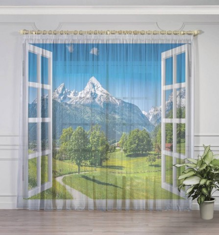 картинка Фототюль с печатью изображения "Окно с видом на Баварские горы" | интернет-магазин фотообоев ARTDECO