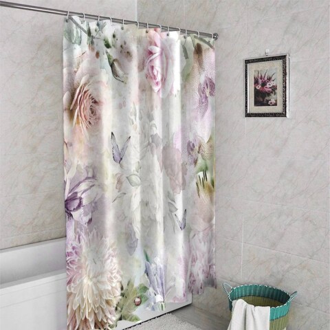 картинка 3D штора в ванную комнату «Бабочки в нежных цветах» | интернет-магазин фотообоев ARTDECO