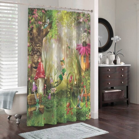картинка 3D штора в ванную «Феечки в сказочном лесу» | интернет-магазин фотообоев ARTDECO