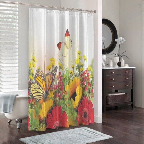 картинка 3D штора для ванны «Бабочки над яркими цветами» | интернет-магазин фотообоев ARTDECO