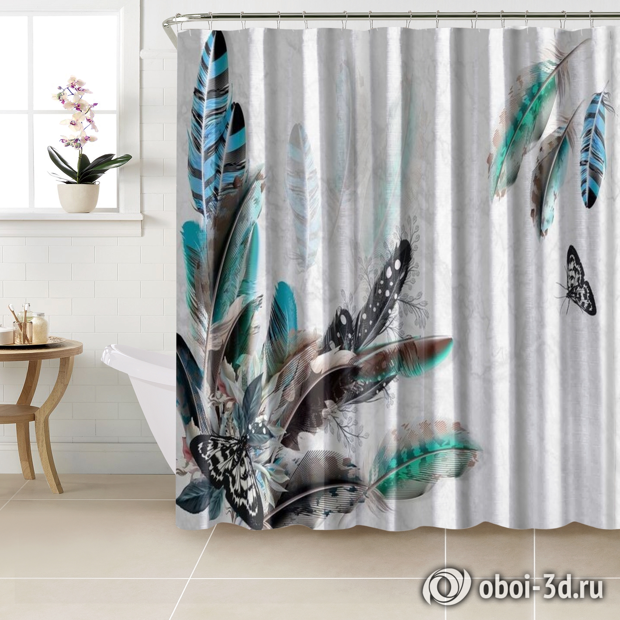 картинка Шторы для ванной «Мраморная фантазия с перьями и бабочками» | интернет-магазин фотообоев ARTDECO