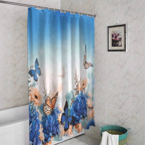 картинка 3D штора в ванную комнату «Синие бабочки» | интернет-магазин фотообоев ARTDECO
