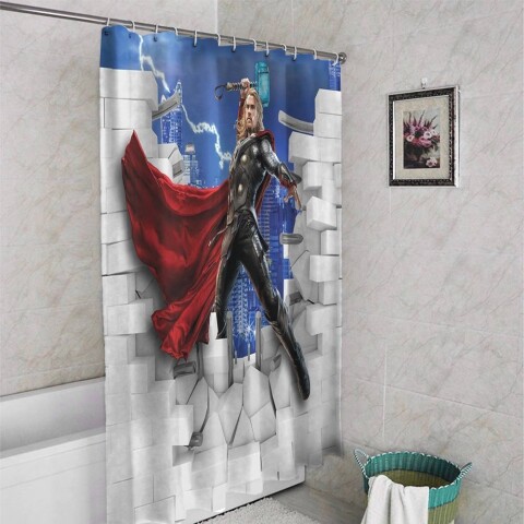 картинка 3D штора в ванную комнату «Тор из за стены» | интернет-магазин фотообоев ARTDECO