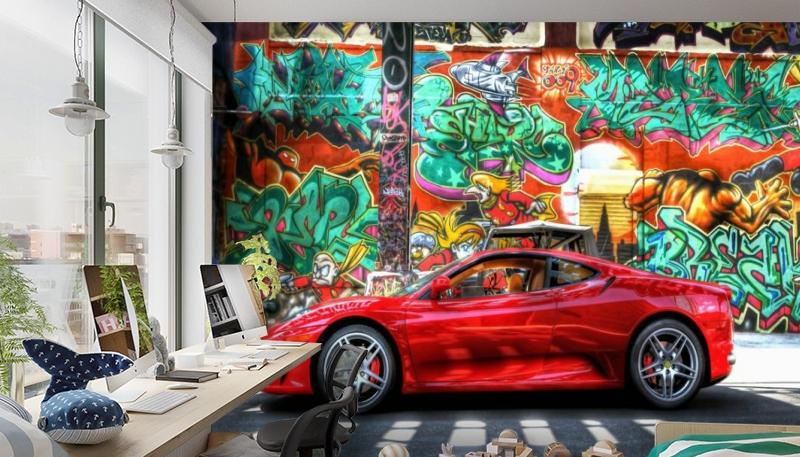 картинка 3D Фотообои «Красный автомобиль на фоне граффити» | интернет-магазин фотообоев ARTDECO