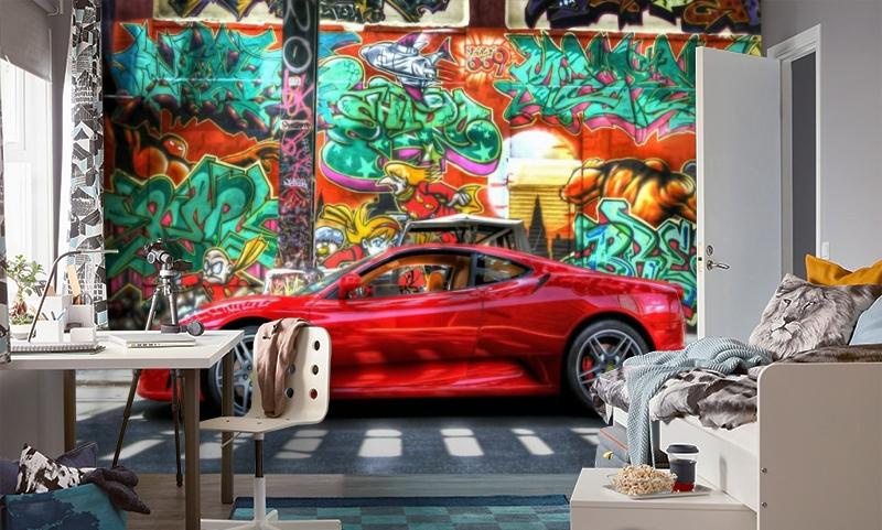 картинка 3D Фотообои «Красный автомобиль на фоне граффити» | интернет-магазин фотообоев ARTDECO