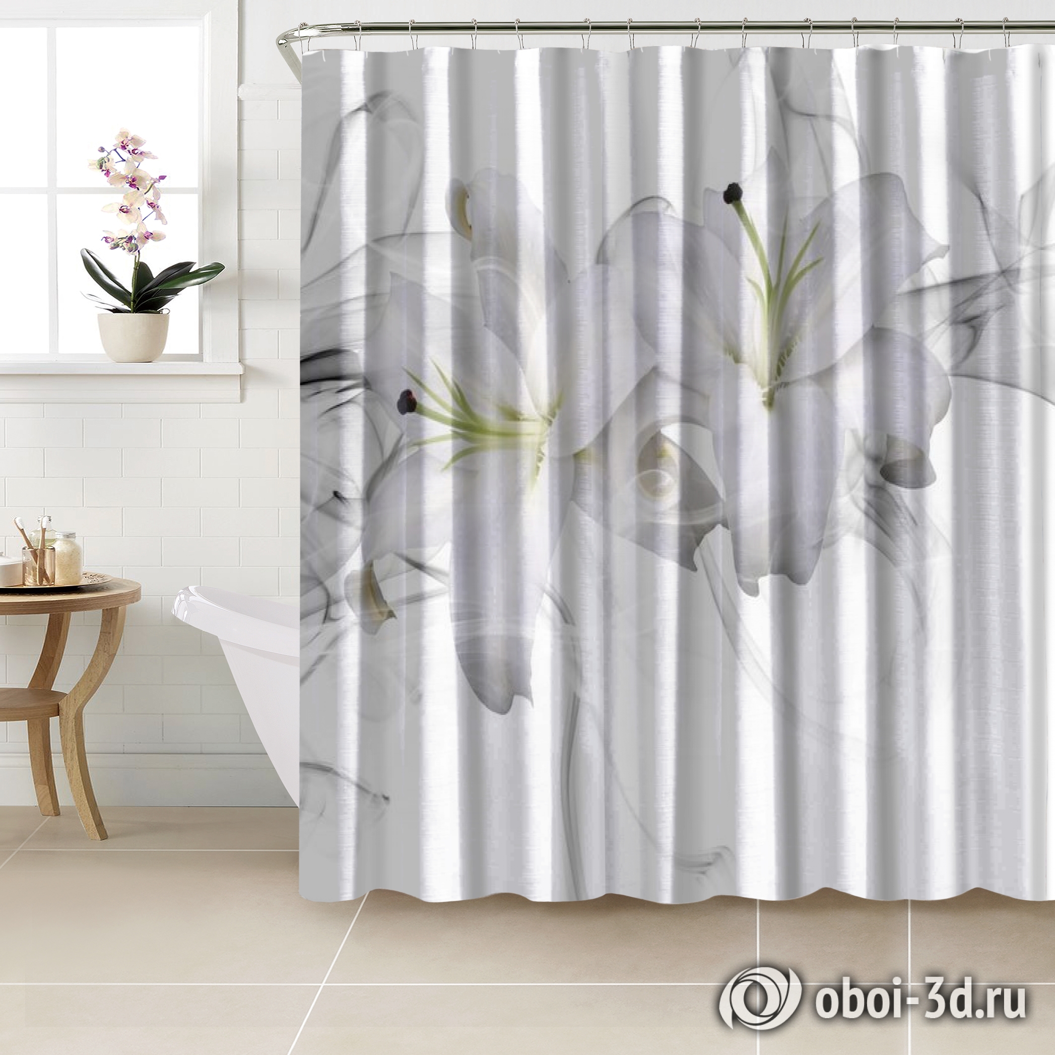 картинка Шторы для ванной «Пара белых лилий в дымке» | интернет-магазин фотообоев ARTDECO