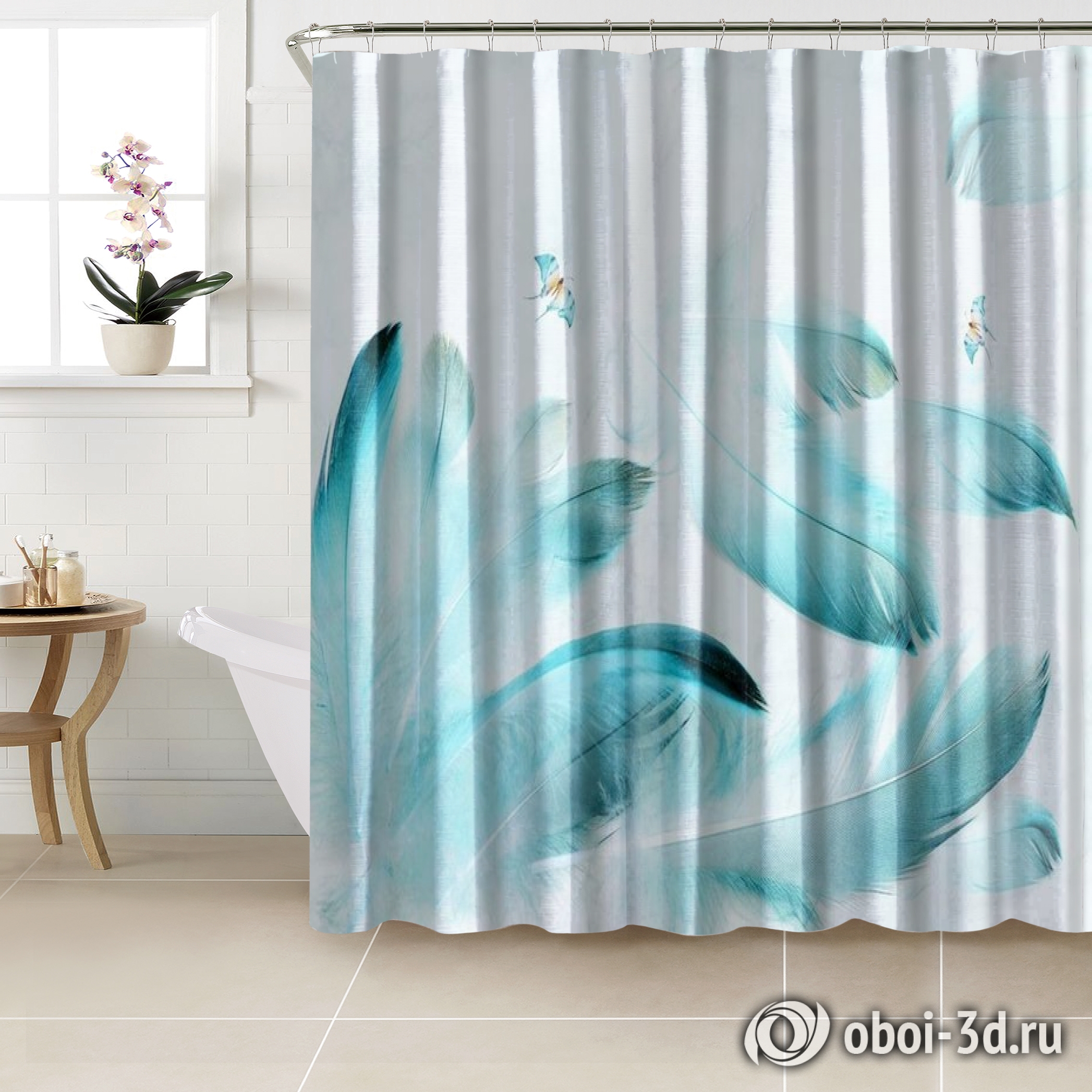 картинка Шторы для ванной «Бабочки в бирюзовых перьях» | интернет-магазин фотообоев ARTDECO