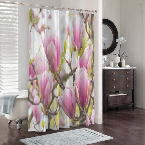 картинка 3D штора для ванной «Бутоны цветущей магнолии» | интернет-магазин фотообоев ARTDECO