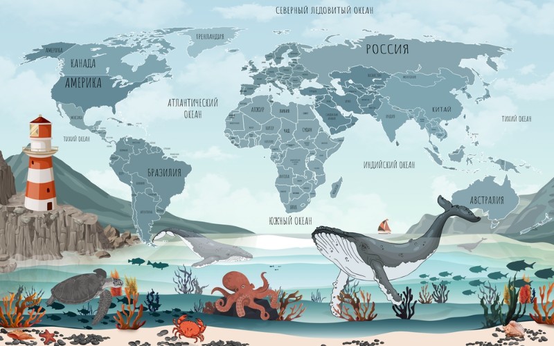 картинка Фотообои «Бирюзовая карта с морскими животными» | интернет-магазин фотообоев ARTDECO